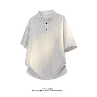 夏季宽肩显瘦polo衫boxy版型上衣美式高街亨利领短袖t恤男款重磅