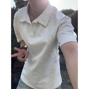 夏季polo衫白花灰色正肩短袖男款拼接设计感t恤重磅美式内搭半袖