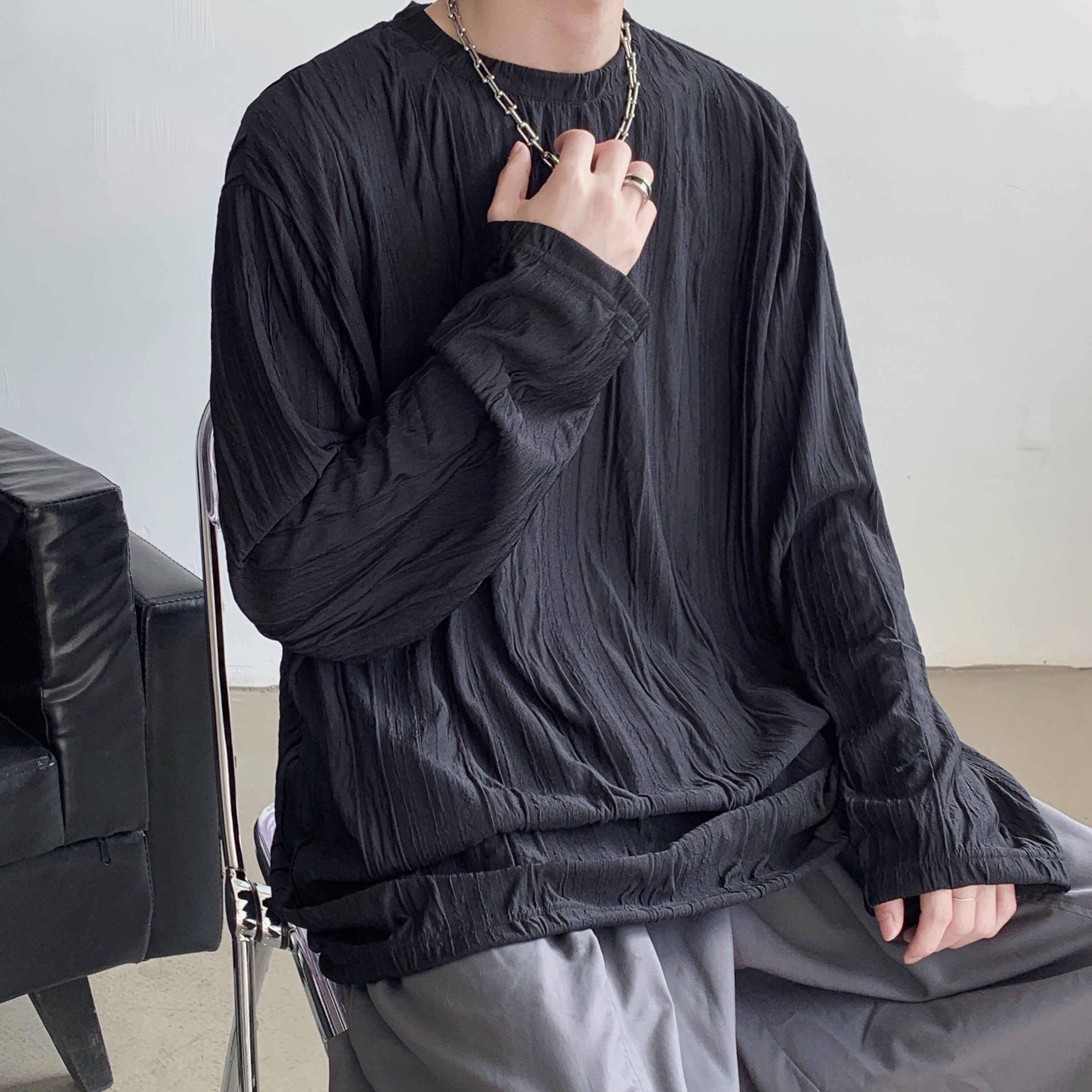 2022小众高级感韩版褶皱纹质宽松垂感长袖TXZ507-1T3002P45，男装T恤，星座507-1