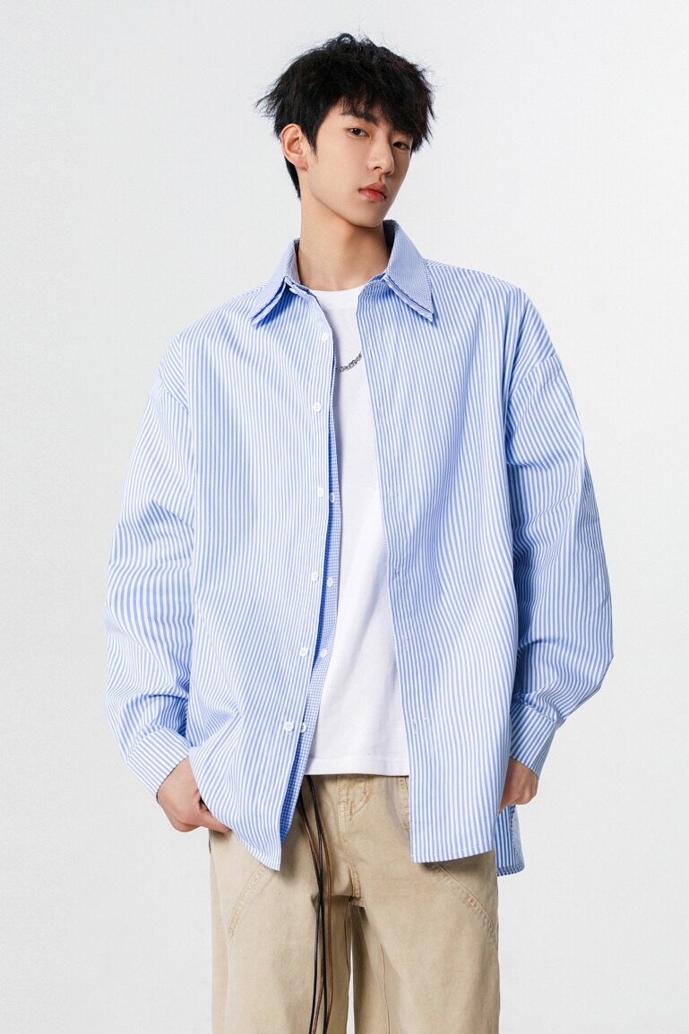 25设计师假两件潮韩风条纹衬衫外套XZ507-1CS1071P60抖音品质,男装衬衫,星座507-1