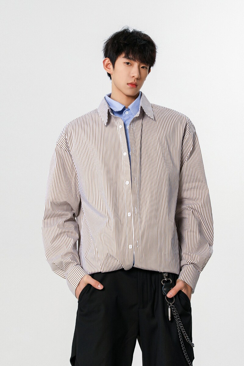 25设计师假两件潮韩风条纹衬衫外套XZ507-1CS1071P60抖音品质,男装衬衫,星座507-1