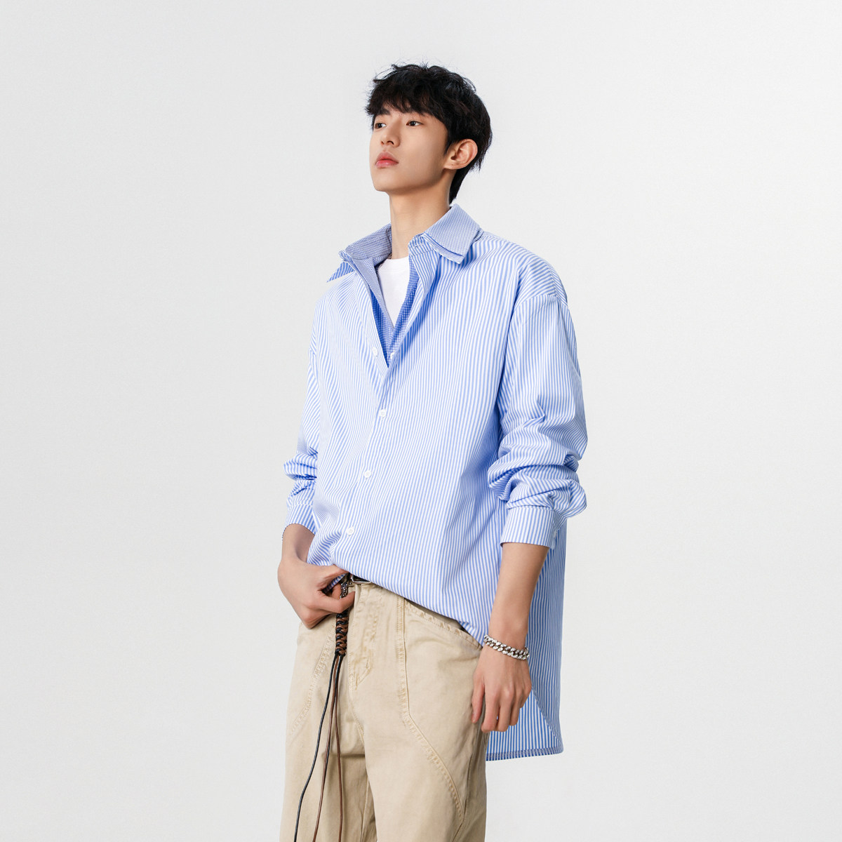 设计师假两件潮韩风条纹衬衫XZ507-1CS1071P50抖音品质备货,男装衬衫,星座507-1