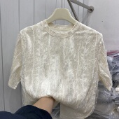 小衫 蕾丝肌理感圆领短袖 短袖 设计师款 潮 上衣女欧洲站2026早春新款