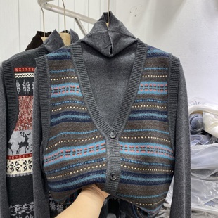 欧洲站复古提花针织开衫马甲长袖打底两件套女冬季时尚叠穿上衣