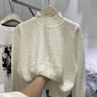 欧货2025秋冬新款桑蚕丝羊毛打底衫半高领蕾丝新中式下摆开叉毛衣