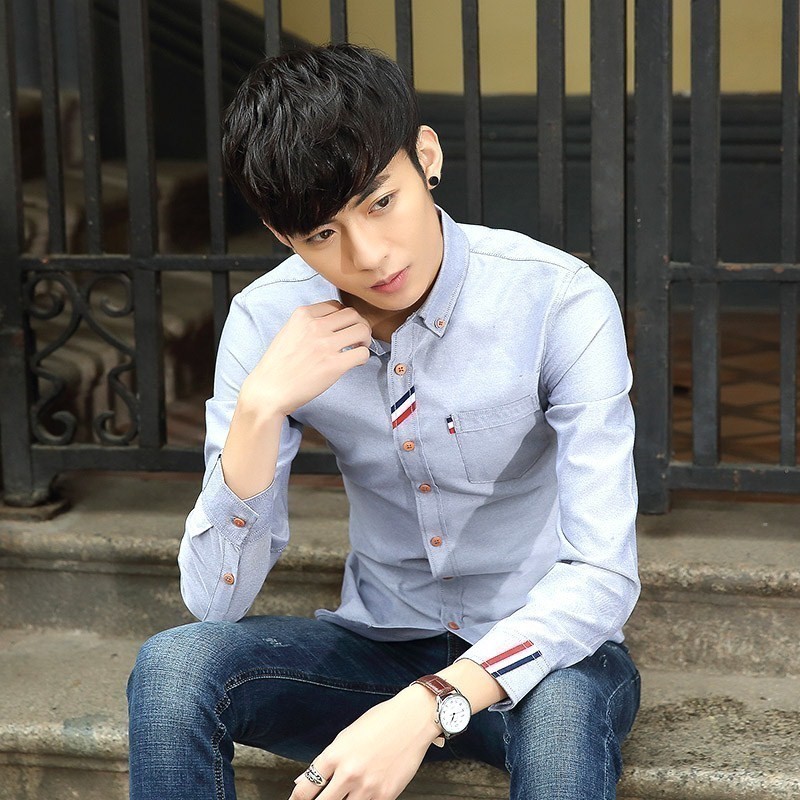 夏季纯色牛津纺长袖衬衫男秋薄修身韩版纯棉衬衣学生青少年潮外套