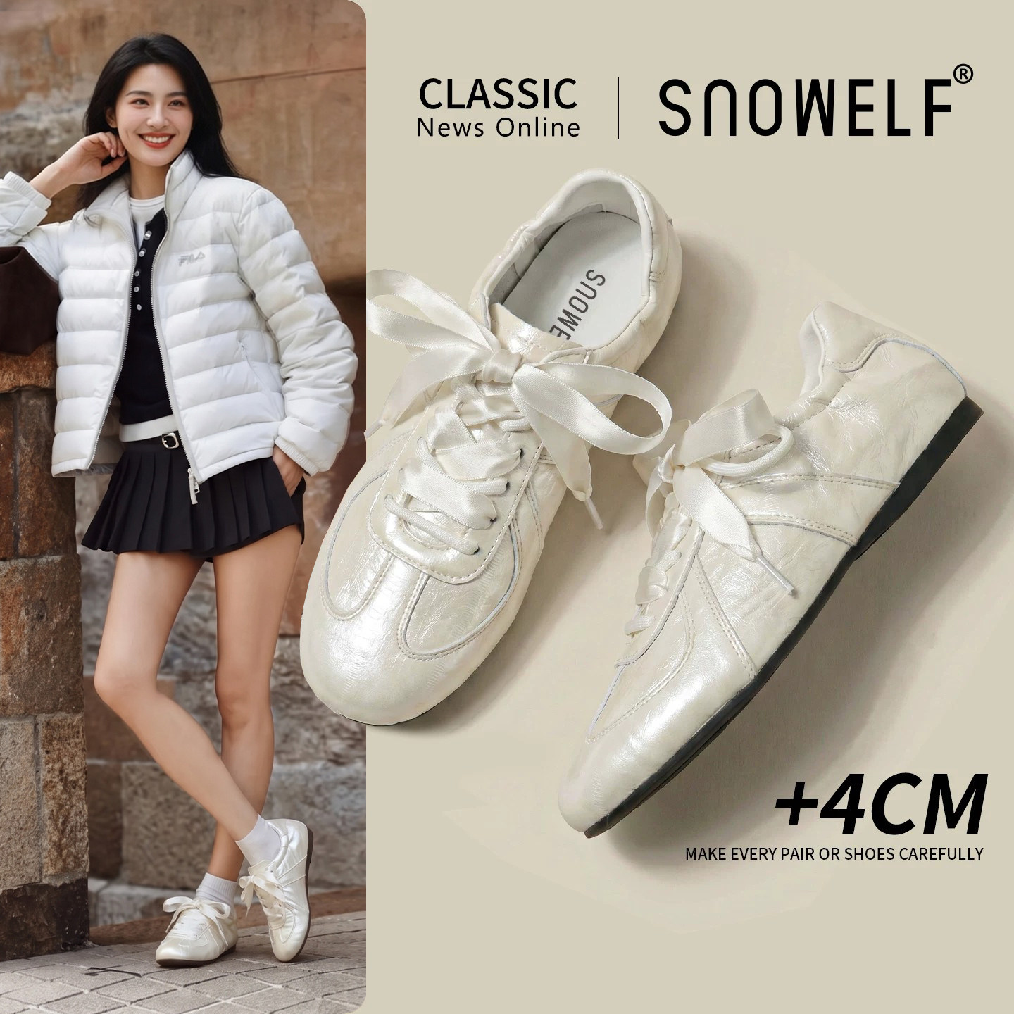 snowelf~4cm增高~百搭气质小白鞋