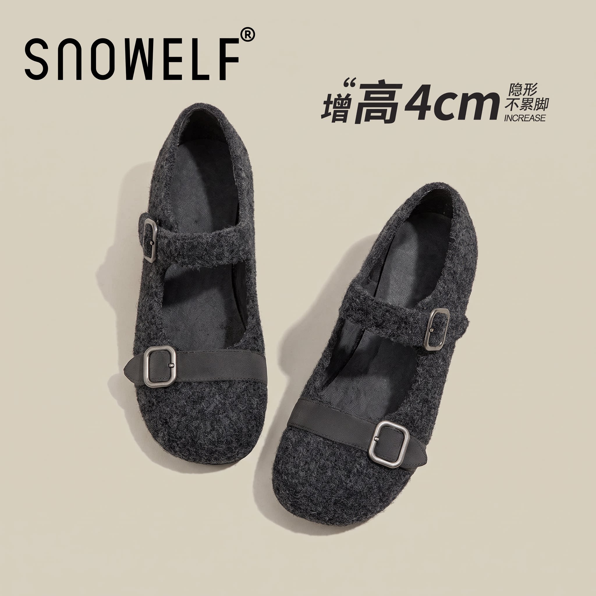 snowelf~灰色毛呢玛丽珍单鞋