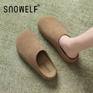 真皮厚底勃肯鞋女2026新款春季懒人鞋百搭增高女鞋一脚蹬半拖鞋子