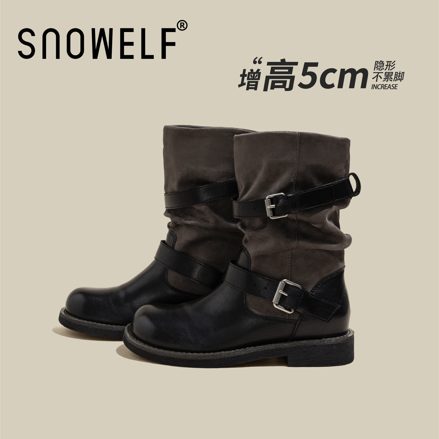 snowelf~黑色内增高西部靴