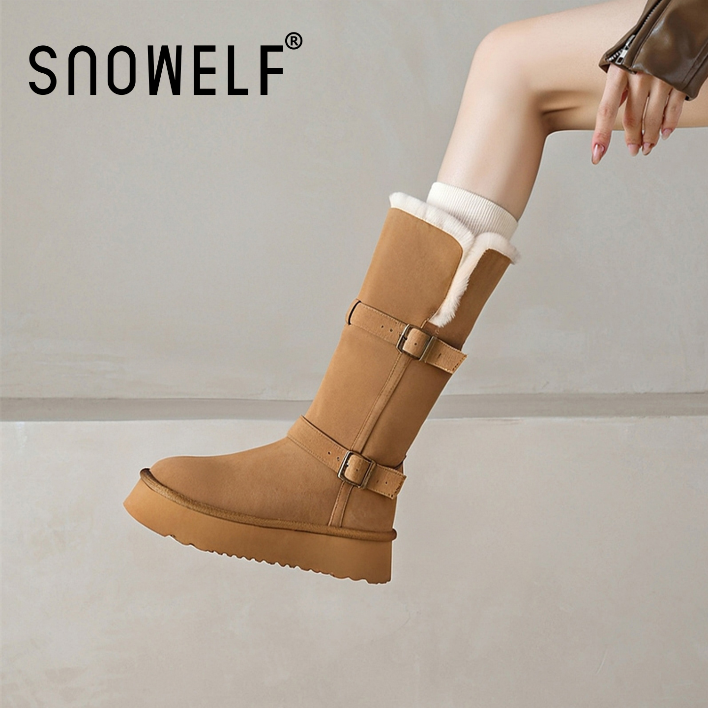 巨好看翻折毛毛长筒雪地靴内增高