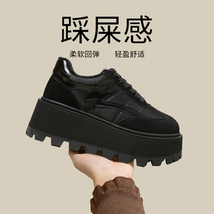 女2025新款 松糕加绒运动鞋 冬季 子内增高女鞋 百搭黑色鞋 8cm厚底鞋