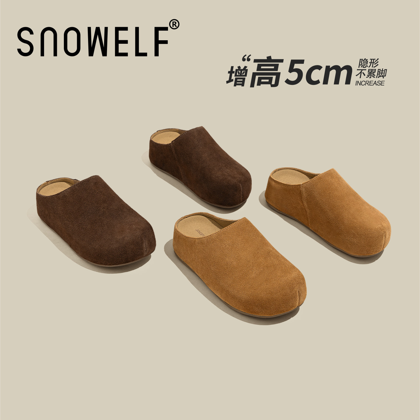 复古厚底勃肯鞋女款2026新款春季增高半拖真皮拖鞋一脚蹬懒人鞋子