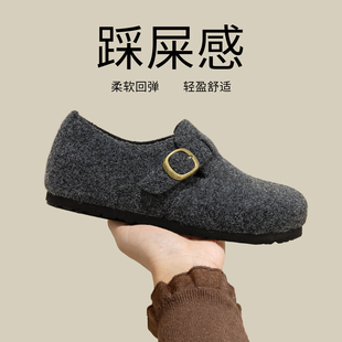 灰色厚底毛呢勃肯鞋女款2026新款春季爆款加绒内增高鞋子百搭单鞋