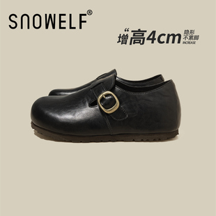 黑色真皮金扣内增高勃肯鞋女款2026新款春季百搭软底休闲乐福单鞋