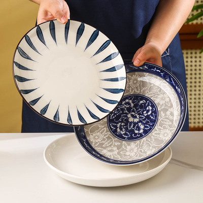 陶瓷大圆盘9/10英寸鱼头盘大盘子家用大号蒸鱼盘釉下彩水果盘餐具