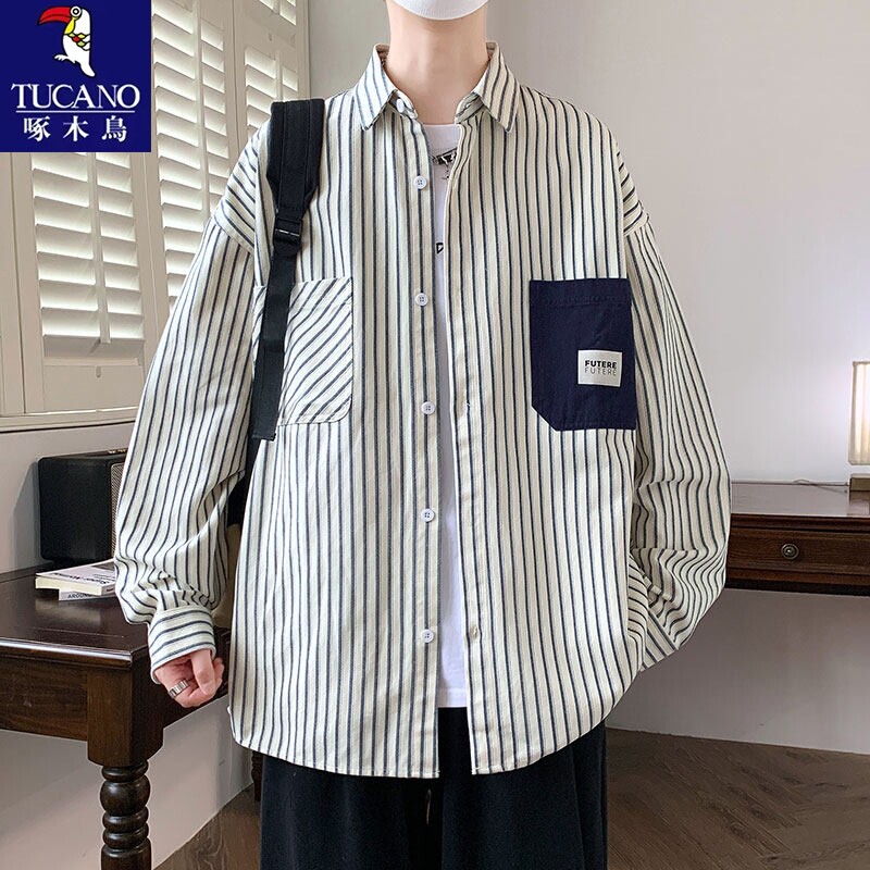 啄木鸟新款潮牌条纹长袖衬衫男图片