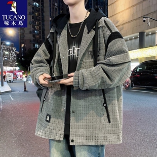 啄木鸟假两件毛呢格子外套男款春秋季潮牌宽松痞帅青少年呢子夹克