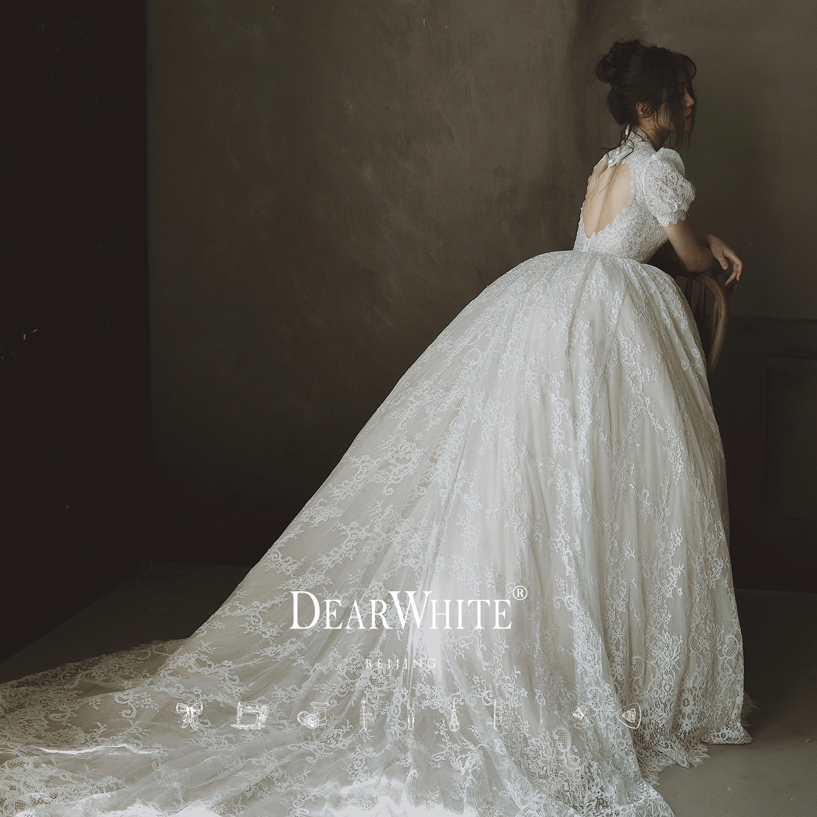 DearWhite, genuine lace retro wedding dress, French retro style