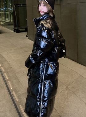 简约立领黑色亮面棉服女中长款大口袋加厚面包服冬季新款棉衣外套