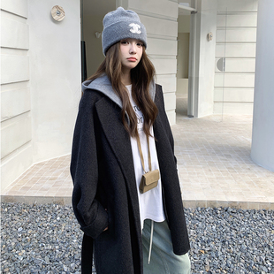 韩版学院风连帽假两件毛呢外套女中长款可拆卸帽子系带显瘦大衣