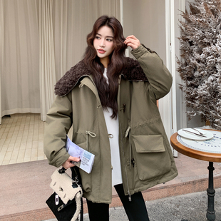 复古羊羔毛大翻领派克服女中长款白鸭绒宽松加厚保暖短款羽绒服