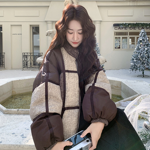 复古老钱风拼接撞色羽绒服女短款2025冬季新款设计感白鸭绒外套