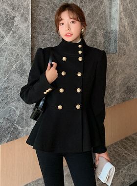 秋冬新款小香风短款双排扣毛呢外套女小个子荷叶边黑色立领大衣