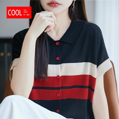 夏季撞色条纹POLO衫女宽松显瘦