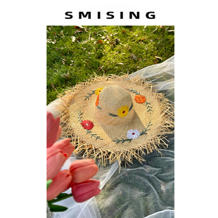 法式新款镂空刺绣花朵编织拉菲草帽女夏季沙滩出游大檐防晒太阳帽