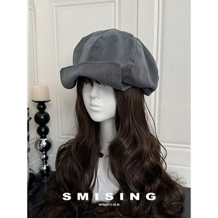 日系八角帽女条纹翻檐贝雷帽大头围春秋显脸小气质云朵帽画家帽子