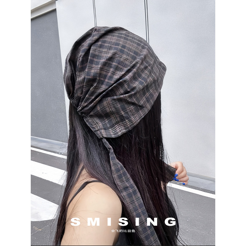 韩版复古绑带格纹包头帽女百搭街头甜酷辣妹嘻哈包头巾音乐节冷帽