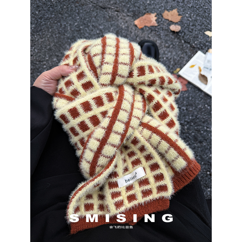 韩系ins华夫格毛绒针织围巾