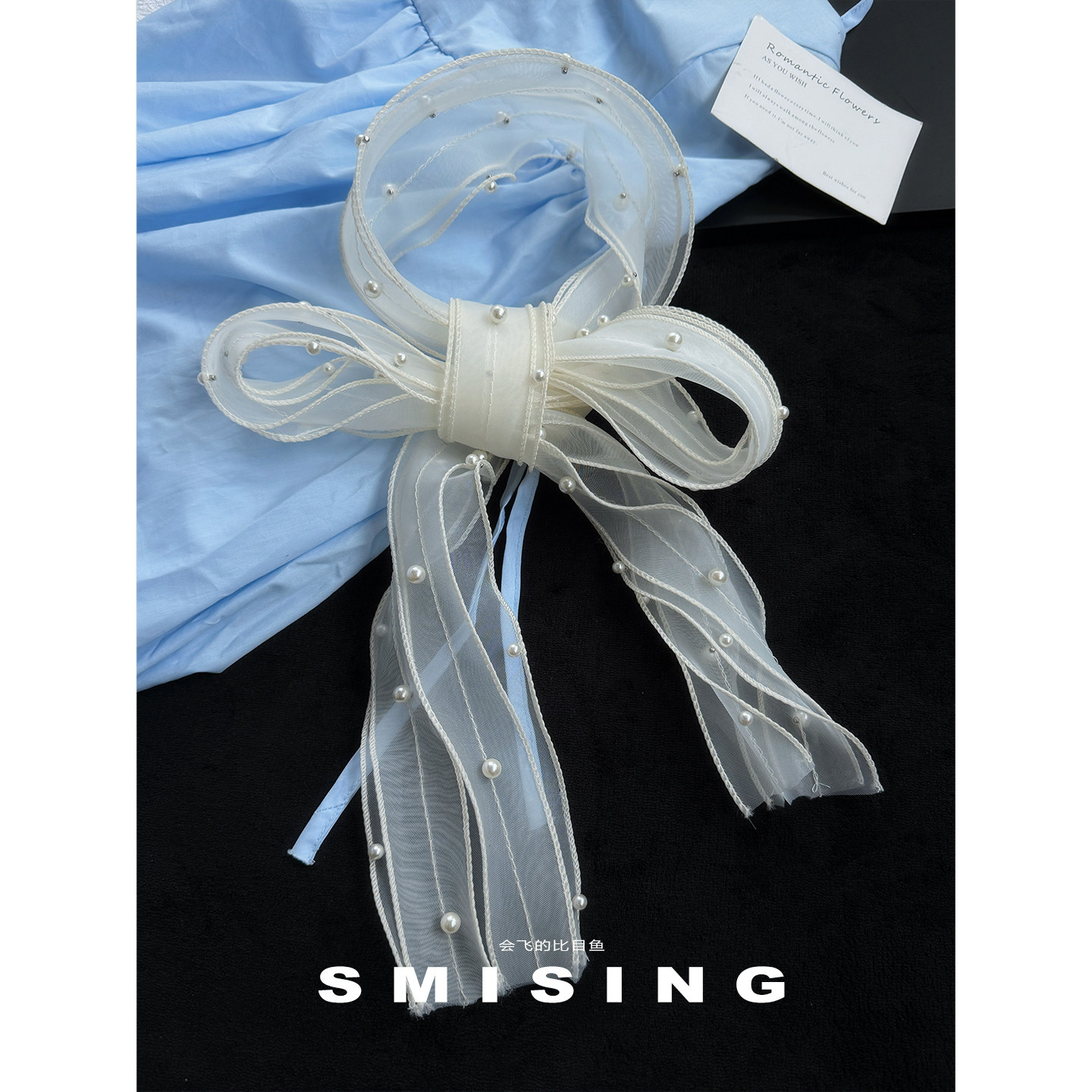 珍珠蝴蝶结飘带丝巾女春夏季薄款网纱发带法式高级感装饰长条围巾