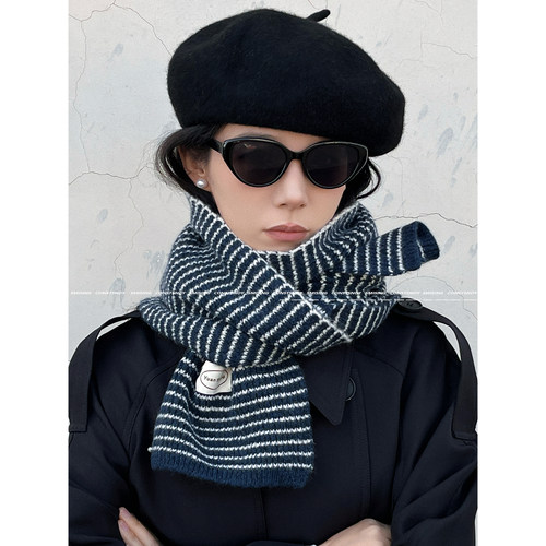 秋冬韩系条纹针织保暖围巾披肩