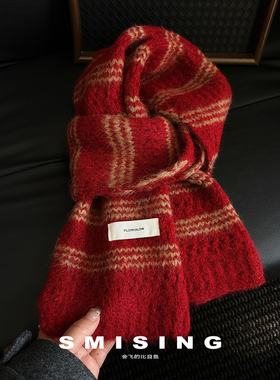 复古红色氛围感条纹软糯针织围巾女秋冬季加厚保暖高级感保暖围脖