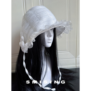 日系甜美蕾丝花边泡泡纱渔夫帽子女夏季透气薄款百搭显脸小盆帽