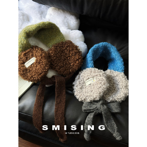 韩系时尚羊羔绒撞色绑带耳套