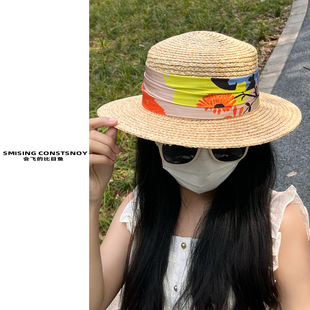 明星同款波西米亚风遮阳草帽女夏季新款海边度假沙滩平顶小礼帽潮