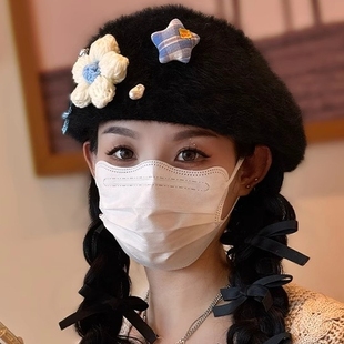 202新款 保暖百搭反戴前进帽 日系甜美水钻花朵毛绒贝雷帽女秋冬季