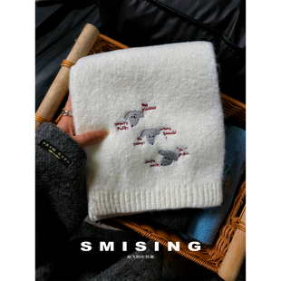 日系新款 学生学院风百搭氛围感围脖 可爱小狗刺绣针织围巾女秋冬季