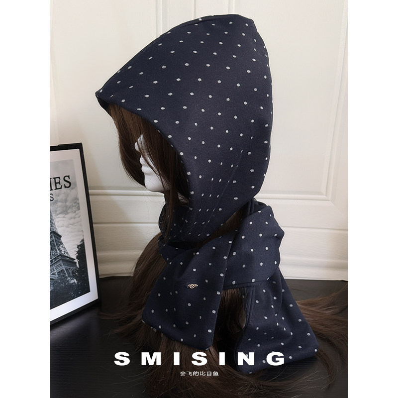 新款韩系ins设计感波点氛围感帽子围巾一体女秋冬季保暖护颈围脖