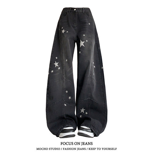 美式复古星星印花弯刀牛仔裤女秋冬款高街设计感宽松垂感阔腿裤子