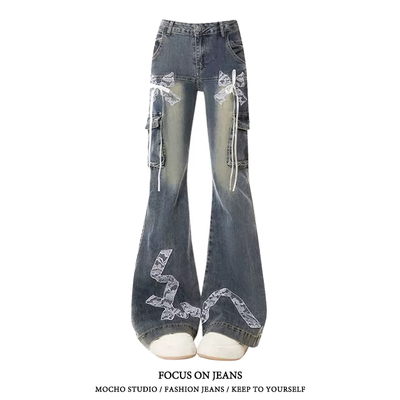 美式复古蕾丝蝴蝶结微喇牛仔裤女春秋款辣妹高街设计感显瘦喇叭裤