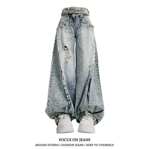 美式复古灯笼裤破洞牛仔裤女夏季辣妹高街设计感宽松垂感阔腿裤子