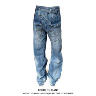 高街设计感宽松显瘦阔腿裤 女春秋款 复古巴黎扣竹节直筒牛仔裤 美式