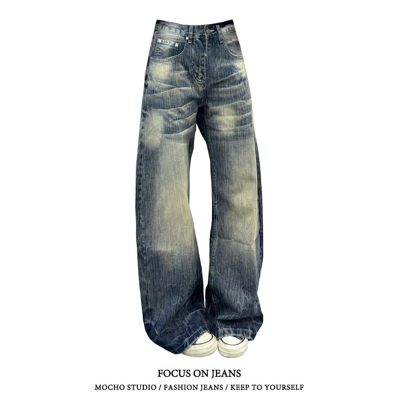 美式复古做旧水洗竹节纹弯刀牛仔裤女秋冬款高街设计感宽松阔腿裤