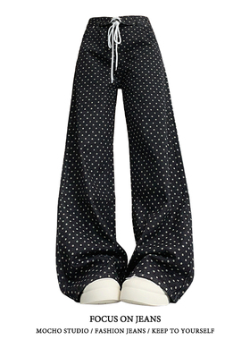 美式复古波点抽绳直筒牛仔裤女秋季高街设计感宽松显瘦垂感阔腿裤