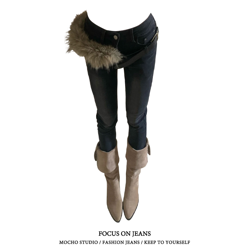 美式复古低腰紧身牛仔裤女秋冬款辣妹高街修身显瘦九分小脚铅笔裤