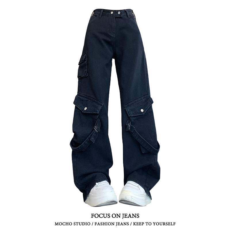 美式高街设计感工装牛仔裤女春季新款复古高腰直筒宽松显瘦阔腿裤